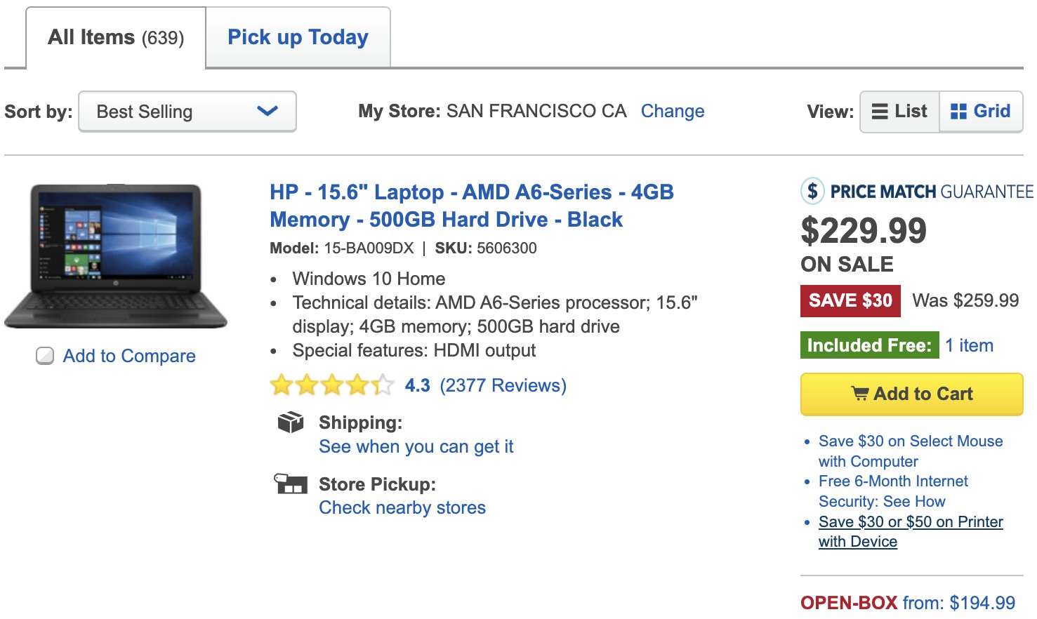 Best Buy laptop listing in March 2017 with a Pick up Today tab, My Store, and separate shipping and store pickup lines