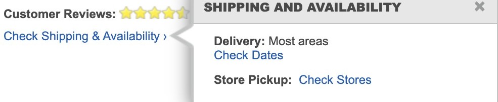 Best Buy listing in February 2014 with a Shipping and Availability lightbox reading Store Pickup: Check Stores
